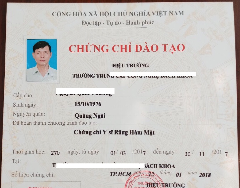 Mẫu chứng chỉ Y sĩ Răng hàm mặt: