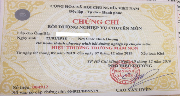 CHỨNG CHỈ hiệu trưởng trường mầm non